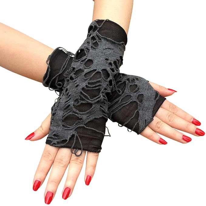 Women's Punk Fingerless Glove Cosplay Ripped Gloves for Halloween Costume Party 1Pair view 2