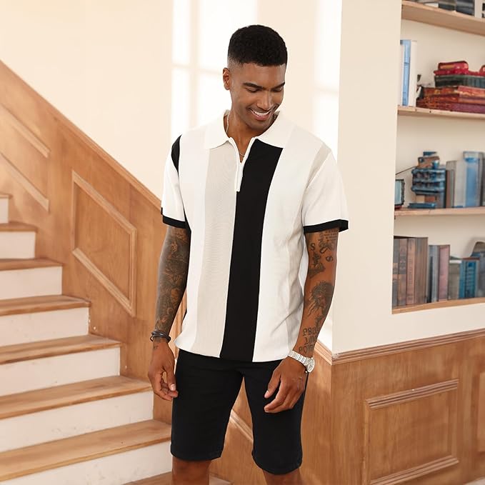 Men's Fashion Polo Shirts Vintage Striped Knitting Slim Fit Golf Shirts view 2