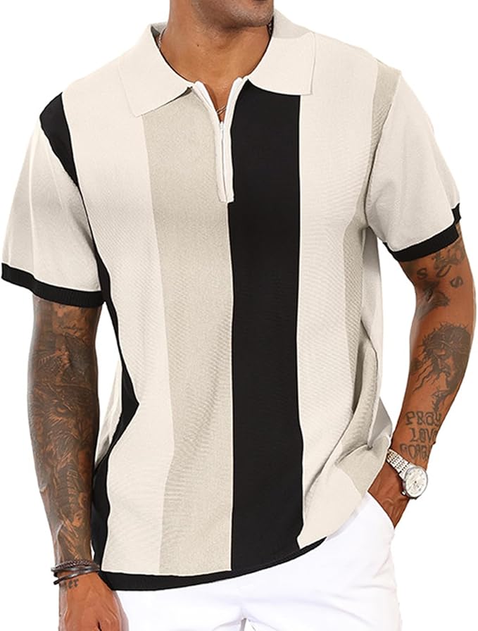 Men's Fashion Polo Shirts Vintage Striped Knitting Slim Fit Golf Shirts