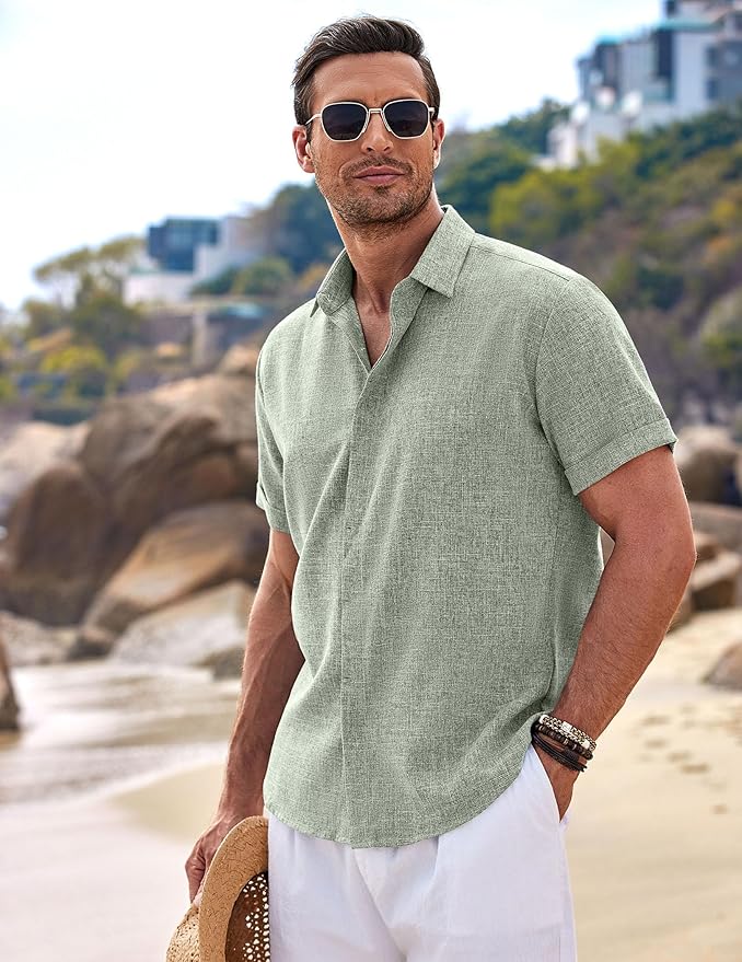 Men's Linen Shirts Short Sleeve Casual Button Down Shirt view 3