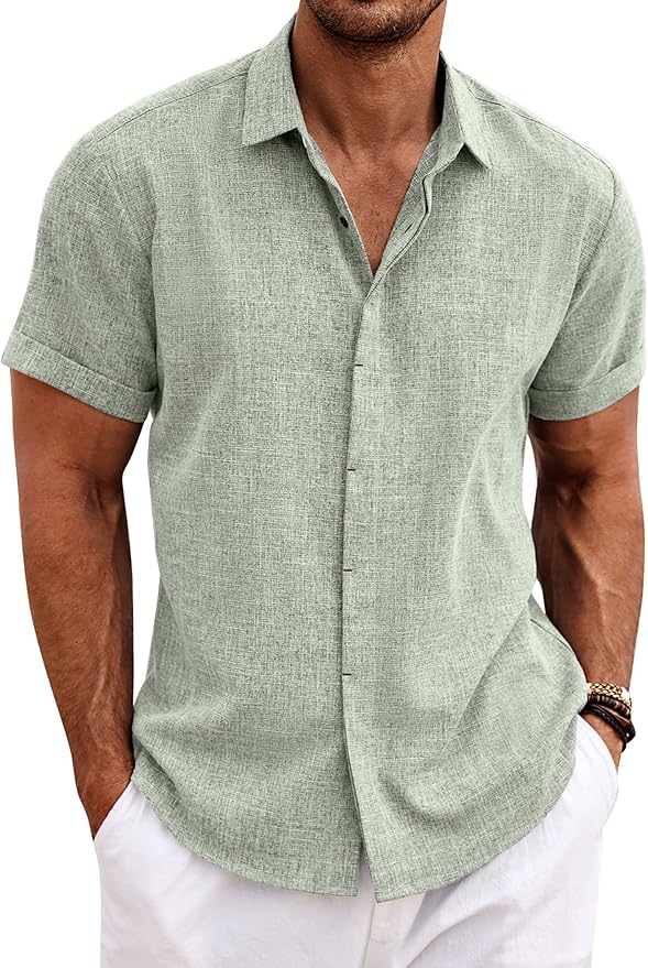 Men's Linen Shirts Short Sleeve Casual Button Down Shirt