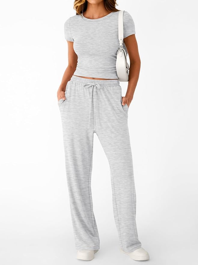 Matching Summer Sweatsuit Lounge Set Womens Wide Leg Pants Side Ruching Crop Top Sets view 2
