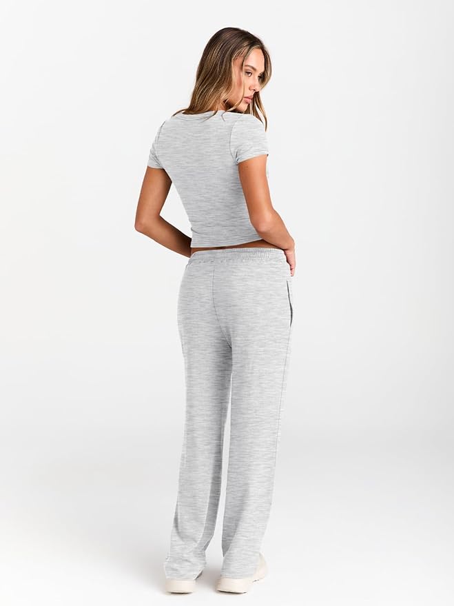 Matching Summer Sweatsuit Lounge Set Womens Wide Leg Pants Side Ruching Crop Top Sets view 4
