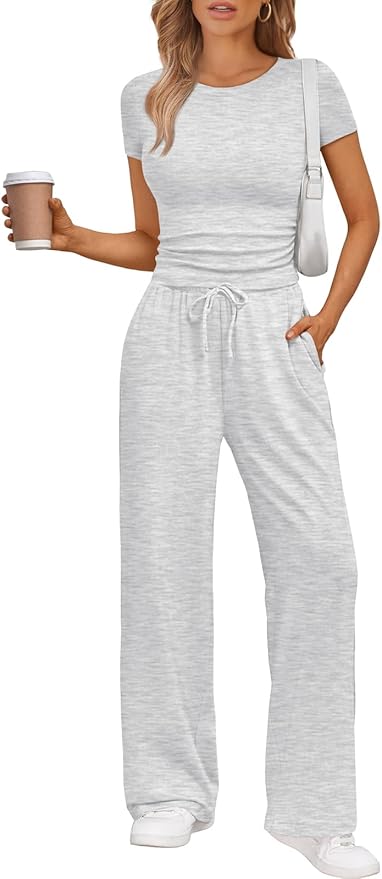 Matching Summer Sweatsuit Lounge Set Womens Wide Leg Pants Side Ruching Crop Top Sets