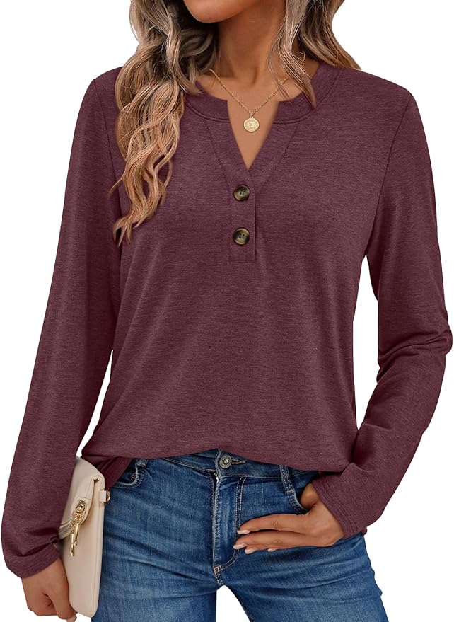 Women's Long Sleeve Shirts 2025 Fall Fashion Dressy Casual Tops Trendy Henley Blouses