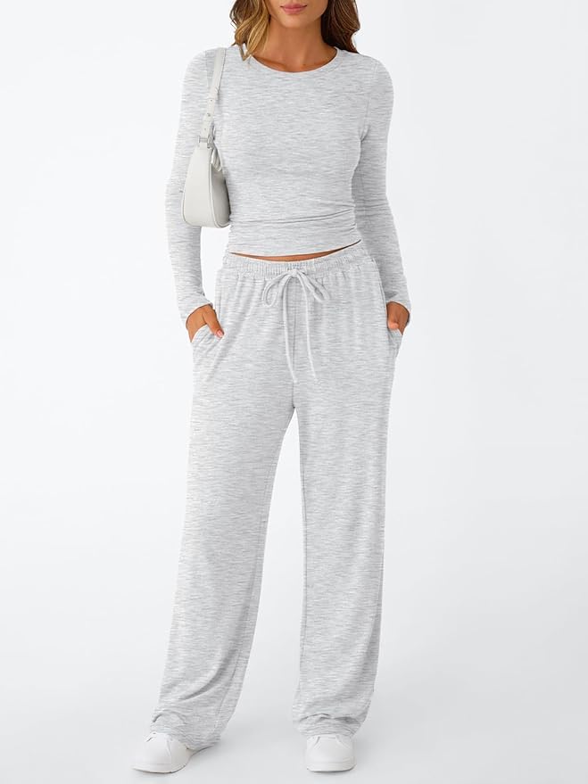 Women's 2 Piece Matching Lounge Set Long Sleeve Slightly Crop Top Wide Leg Pants view 2