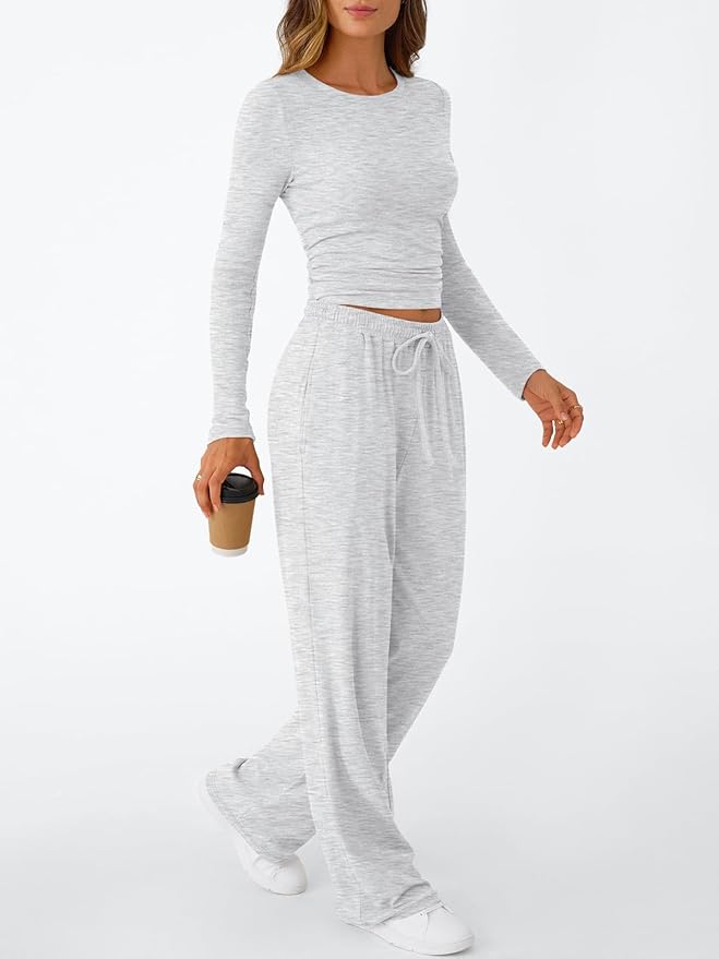 Women's 2 Piece Matching Lounge Set Long Sleeve Slightly Crop Top Wide Leg Pants view 3