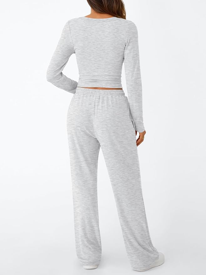 Women's 2 Piece Matching Lounge Set Long Sleeve Slightly Crop Top Wide Leg Pants view 4