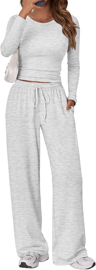 Women's 2 Piece Matching Lounge Set Long Sleeve Slightly Crop Top Wide Leg Pants