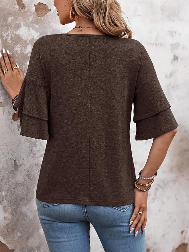 Womens Top Ruffle Sleeve Blouses V Neck T Shirts Casual Outfit Bell Sleeve Tee view 2