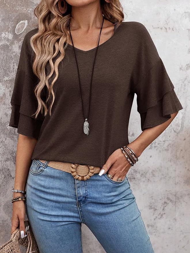 Womens Top Ruffle Sleeve Blouses V Neck T Shirts Casual Outfit Bell Sleeve Tee view 4
