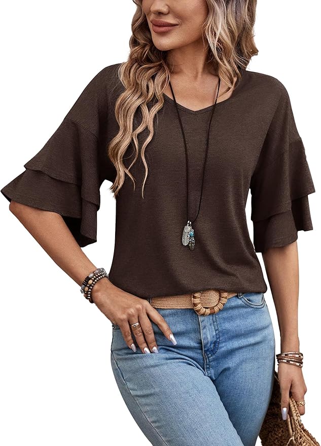 Womens Top Ruffle Sleeve Blouses V Neck T Shirts Casual Outfit Bell Sleeve Tee