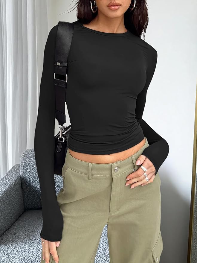Womens Long Sleeve Shirts Fall Fashion 2025 Basic Crop Tops Going Out Workout Outfits Y2k Clothes view 2