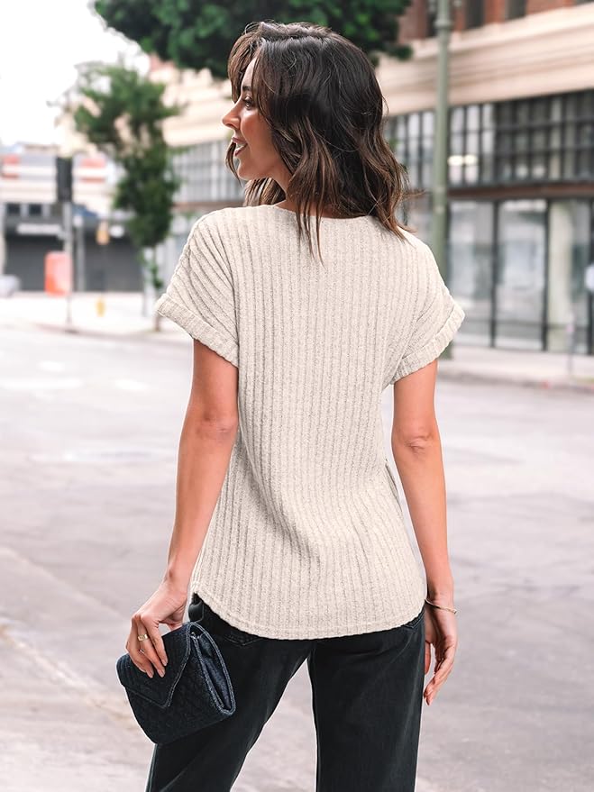Women Shirts Fall Sweaters Regular Fit Short Sleeve Tunic Tops Dressy Casual Business Blouses view 4
